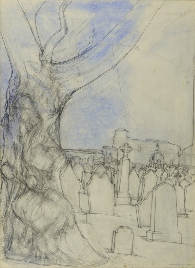 Cathedral St Andrews - Old Tree, 1977 pencil and wash on board, 53.3 x 39.1 cm. BGT1135.