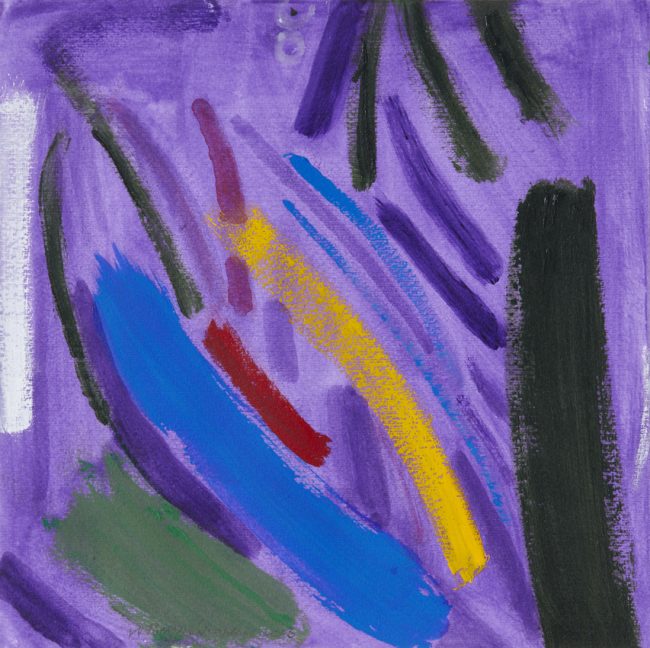 An acrylic painting with an abstract composition of curving diagonal brushstrokes in bright colours on a purple background