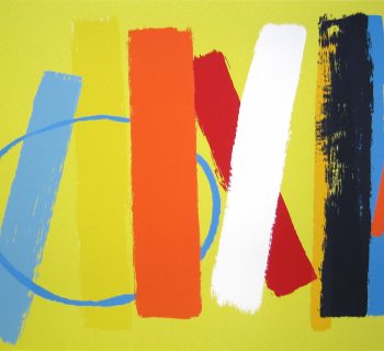 A screenprint with an abstract composition of vertical brushstrokes in bright colours on a yellow background
