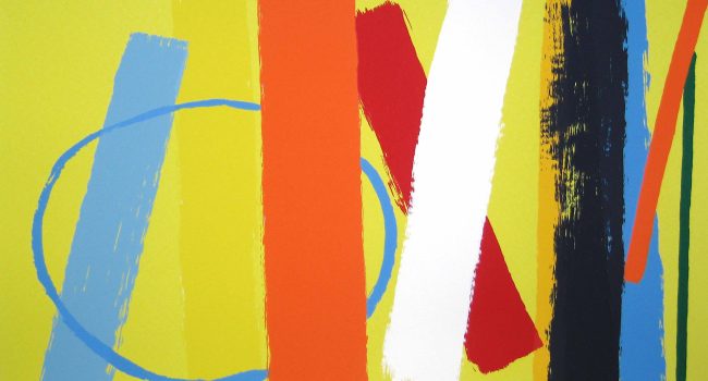 A screenprint with an abstract composition of vertical brushstrokes in bright colours on a yellow background