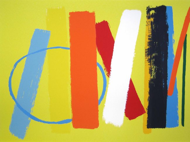 A screenprint with an abstract composition of vertical brushstrokes in bright colours on a yellow background