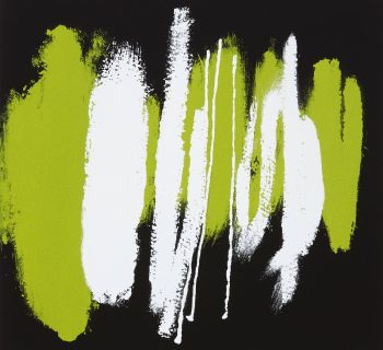 A screenprint with an abstract composition of vertical brushstrokes in white and lime green on a black background