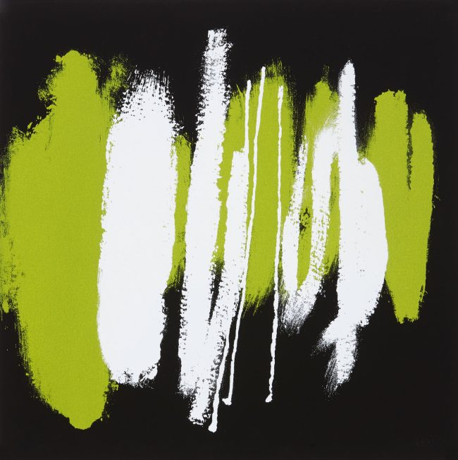 A screenprint with an abstract composition of vertical brushstrokes in white and lime green on a black background