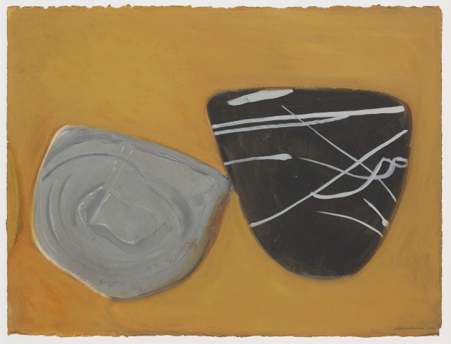 'Two Stones, Grey and Black on Ochre', acrylic on paper, 1988, BGT645. © Wilhelmina Barns-Graham Trust