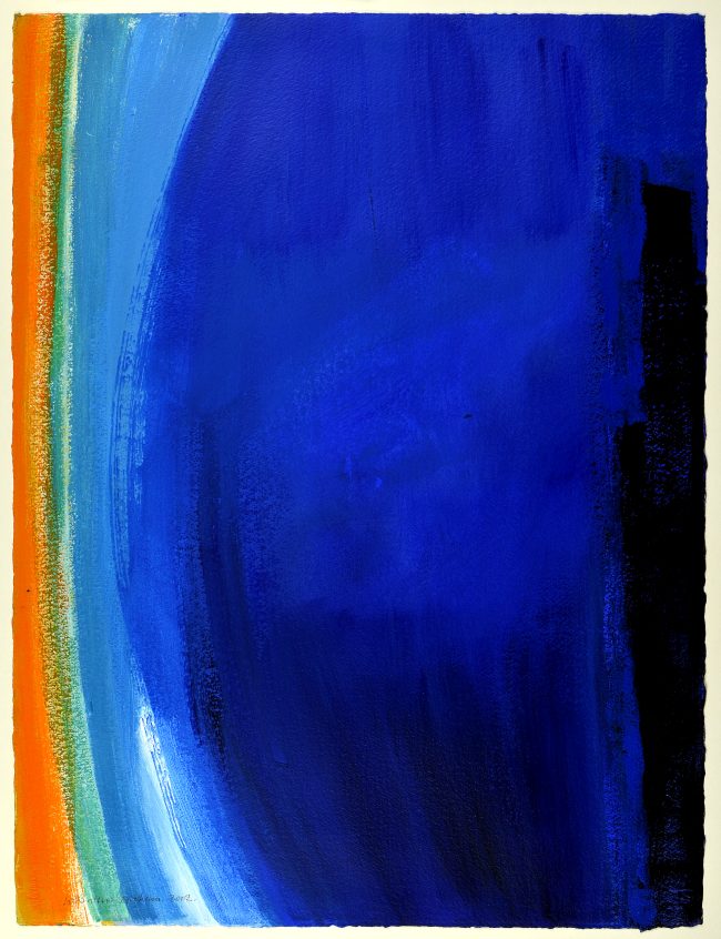 An acrylic painting with an abstract composition of vertical brushstrokes in bright colours at left hand edge on a blue background