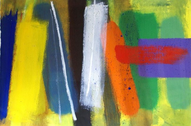 An acrylic painting with an abstract composition of vertical brushstrokes in bright colours on a yellow background