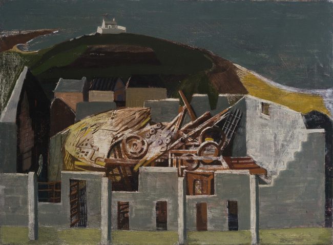 an oil painting of a factory with no roof and destroyed contents inside. In the background is a hill with a small building at the top and sea behind.