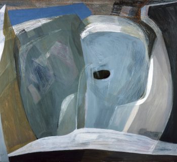 Painting with abstract large abstract shapes in blues, greens and greys. At the centre is a small black oval.