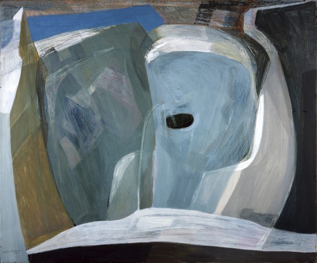 Painting with abstract large abstract shapes in blues, greens and greys. At the centre is a small black oval.