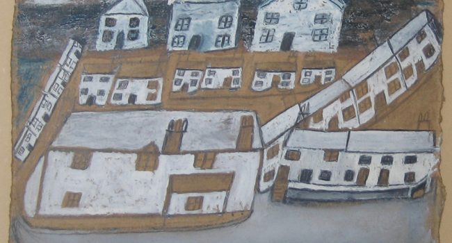 Alfred Wallis Houses in St Ives oil and chalk on cardboard 18.5 x 26.5 cm Wilhelmina Barns-Graham Private Collection On loan to St Ives exhibition