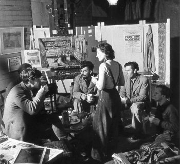 A Meeting of the Crypt Group in Wilhelmina Barns-Graham Porthmeor Studio, St Ives, 1947 Left to right: Peter Lanyon, Bryan Wynter (obscured), Sven Berlin, Wilhelmina Barns-Graham, John Wells and Guido Morris