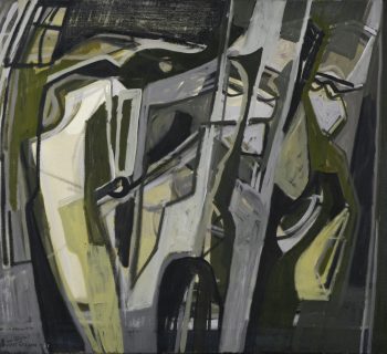 Painting of abstract shapes is greens and greys