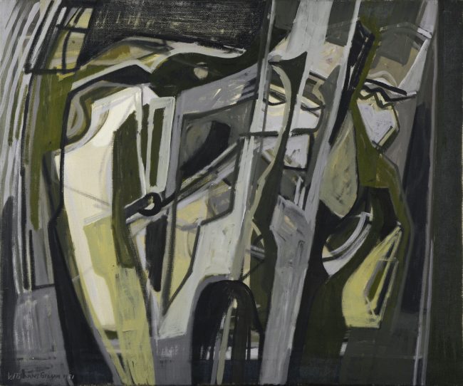 Painting of abstract shapes is greens and greys