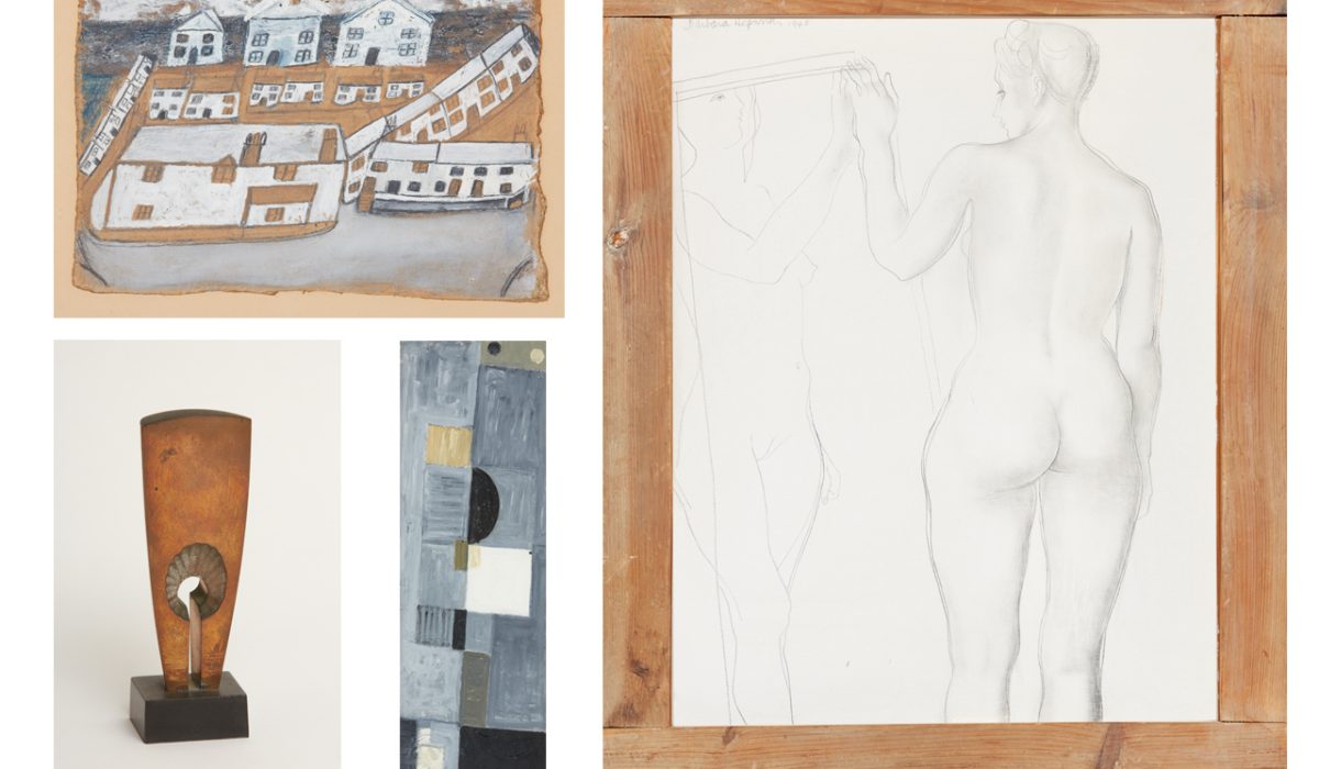 A selection of works from the private collection (clockwise): Houses in St Ives, Alfred Wallis; Figure and Mirror, 1948, Barbara Hepworth (© Bowness); Grey, Black and White, c. 1949, Terry Frost (© Estate of Sir Terry Frost), Trevedran, 1991, Denis Mitchell (© Estate of Denis Mitchell).