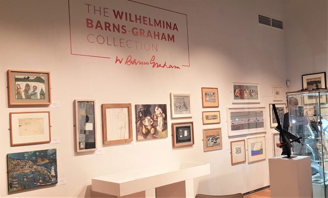 Installation view of the presentation of some of the pieces available at the Wilhelmina Barns-Graham Collection auction at the Mall Galleries, London.