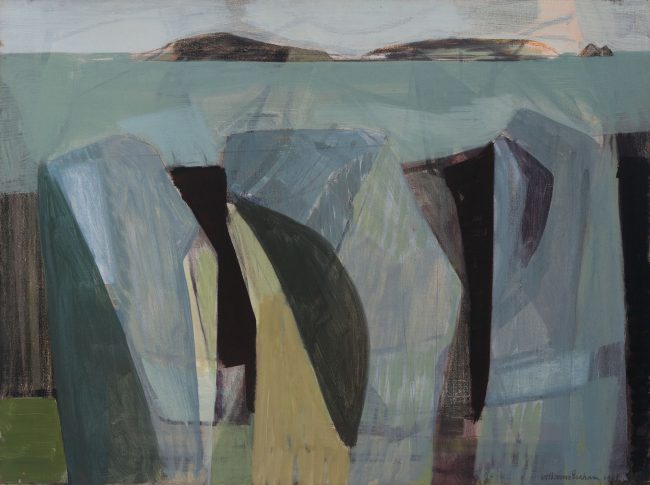 Painting of three abstracted rock shapes in blues and black, with sea and two island formations in the background.