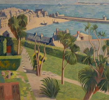 A painting with a garden in the foreground with path running diagonally towards centre of image with palm trees and green grass. A box hedge at the edge of the garden diagonally divides the plane in two. Beyond, the harbour of St Ives with a blue sea and buildings sketched out on beige. A pier with lighthouse at the end divides the harbour from the open sea.