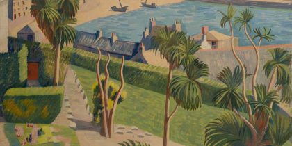 A painting with a garden in the foreground with path running diagonally towards centre of image with palm trees and green grass. A box hedge at the edge of the garden diagonally divides the plane in two. Beyond, the harbour of St Ives with a blue sea and buildings sketched out on beige. A pier with lighthouse at the end divides the harbour from the open sea.