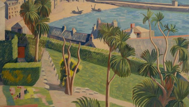 A painting with a garden in the foreground with path running diagonally towards centre of image with palm trees and green grass. A box hedge at the edge of the garden diagonally divides the plane in two. Beyond, the harbour of St Ives with a blue sea and buildings sketched out on beige. A pier with lighthouse at the end divides the harbour from the open sea.