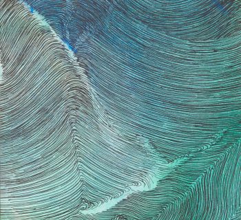 Drawing with fine, close together, black, undulating parallel lines on blue-green background