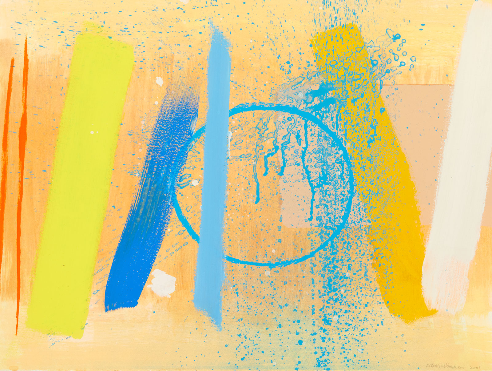 Screenprint with pale orange background and vertical brushstrokes in yellows and blues, with outline of a circle in blue at the centre