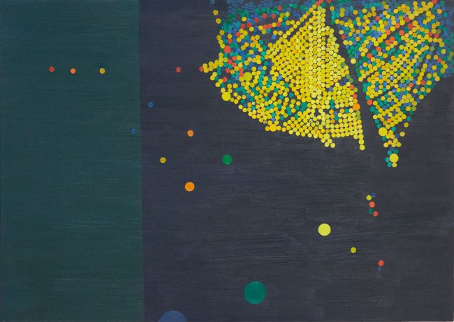Painting with dark green and navy background. From top right hand corner is a large cluster of small dots mostly in yellow with blue, red and green dots scattered throughout.