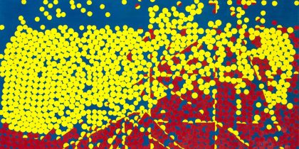 Painting with blue background. In the middle of the painting, a mass of small yellow dots collide with one another, some partially shade red. At the bottom, a mass of small red dots collide with one another, some partially shaded yellow