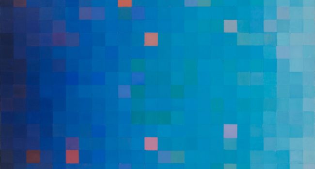 Painting filled entirely with evenly sized squares of blue in a grid formation. There is a gradient of blue from dark blue on left to light blue on right. Occasionally a square is coloured orange or pink.