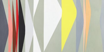 Painting with mid-grey background and series of elongated narrow triangles stretched from top to bottom of image each touching one another. The triangles are coloured grey, peach, brown, red, black, grey, white, yellow, grey, beige and orange