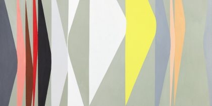 Painting with mid-grey background and series of elongated narrow triangles stretched from top to bottom of image each touching one another. The triangles are coloured grey, peach, brown, red, black, grey, white, yellow, grey, beige and orange