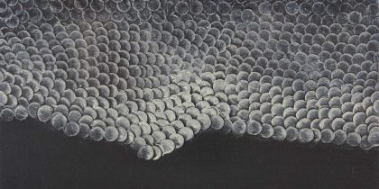 Collage of hole-punched dots shaded white overlaid in undulating pattern over top two thirds. Bottom third is flat black.