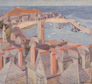 Painting in loose brushstrokes of rooftops with tall chimneys and a harbour behind.