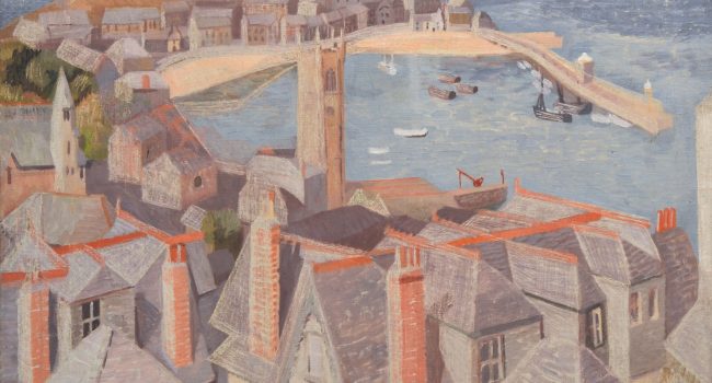 Painting in loose brushstrokes of rooftops with tall chimneys and a harbour behind.