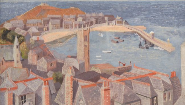 Painting in loose brushstrokes of rooftops with tall chimneys and a harbour behind.