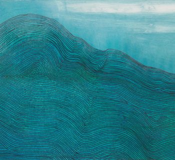 Drawing of thin, black, undulating parallel lines giving the impression of a wave on a blue green background.