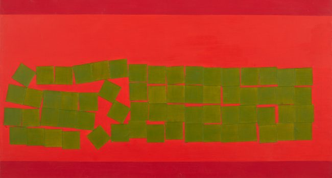 An oil painting with background of hortizontal bands of different reds. In the bright red band are many randomly arranged small blocks of green