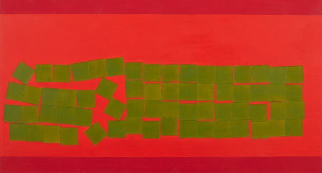 An oil painting with background of hortizontal bands of different reds. In the bright red band are many randomly arranged small blocks of green