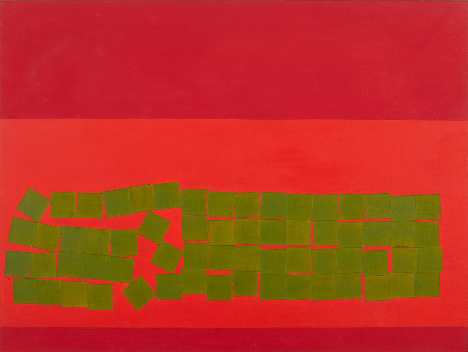 An oil painting with background of hortizontal bands of different reds. In the bright red band are many randomly arranged small blocks of green