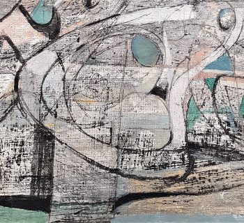 Detail of a painting. Abstract shapes mainly in white with areas of green and blue with black lines and scratches