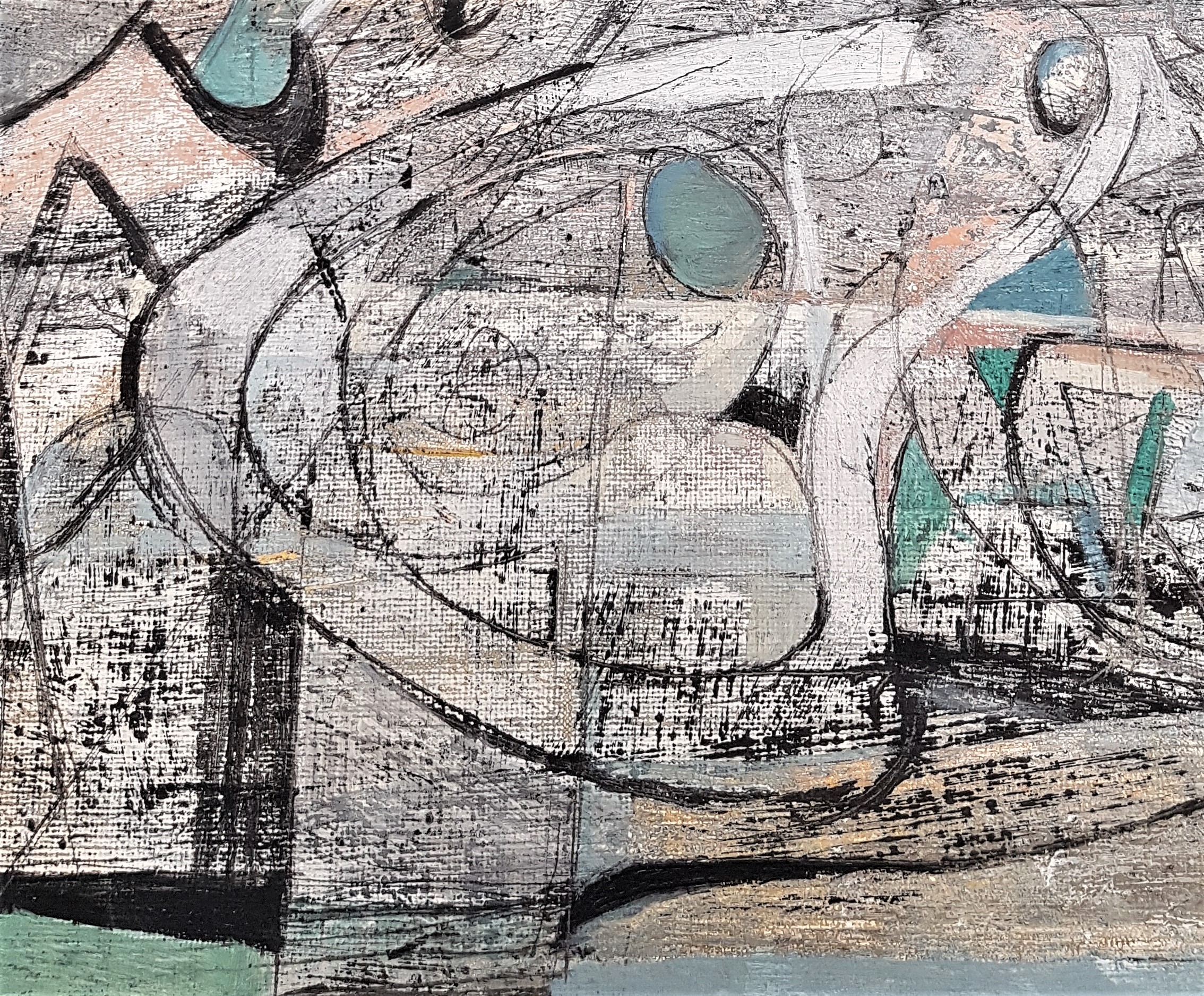 Detail of a painting. Abstract shapes mainly in white with areas of green and blue with black lines and scratches