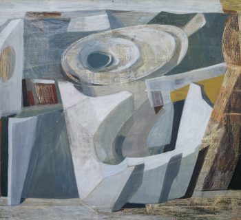 An oil painting of complex geometric shapes in greys whites and blues representing a glacier