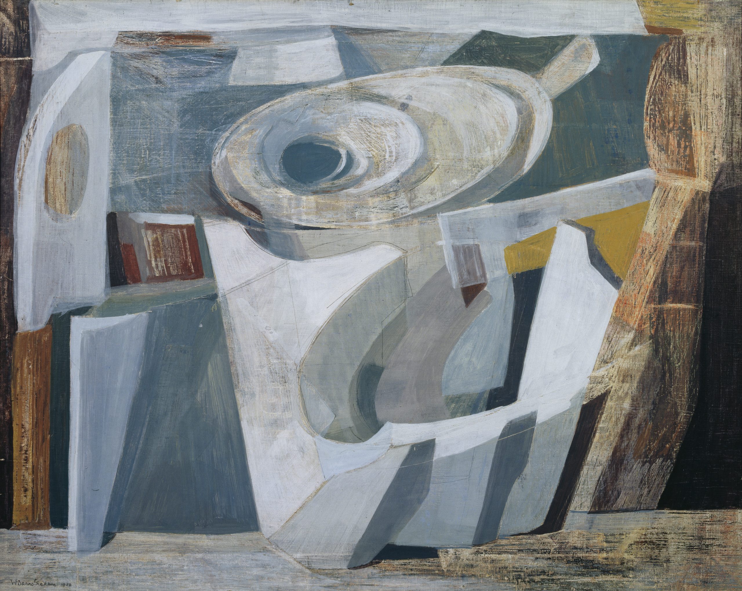 An oil painting of complex geometric shapes in greys whites and blues representing a glacier