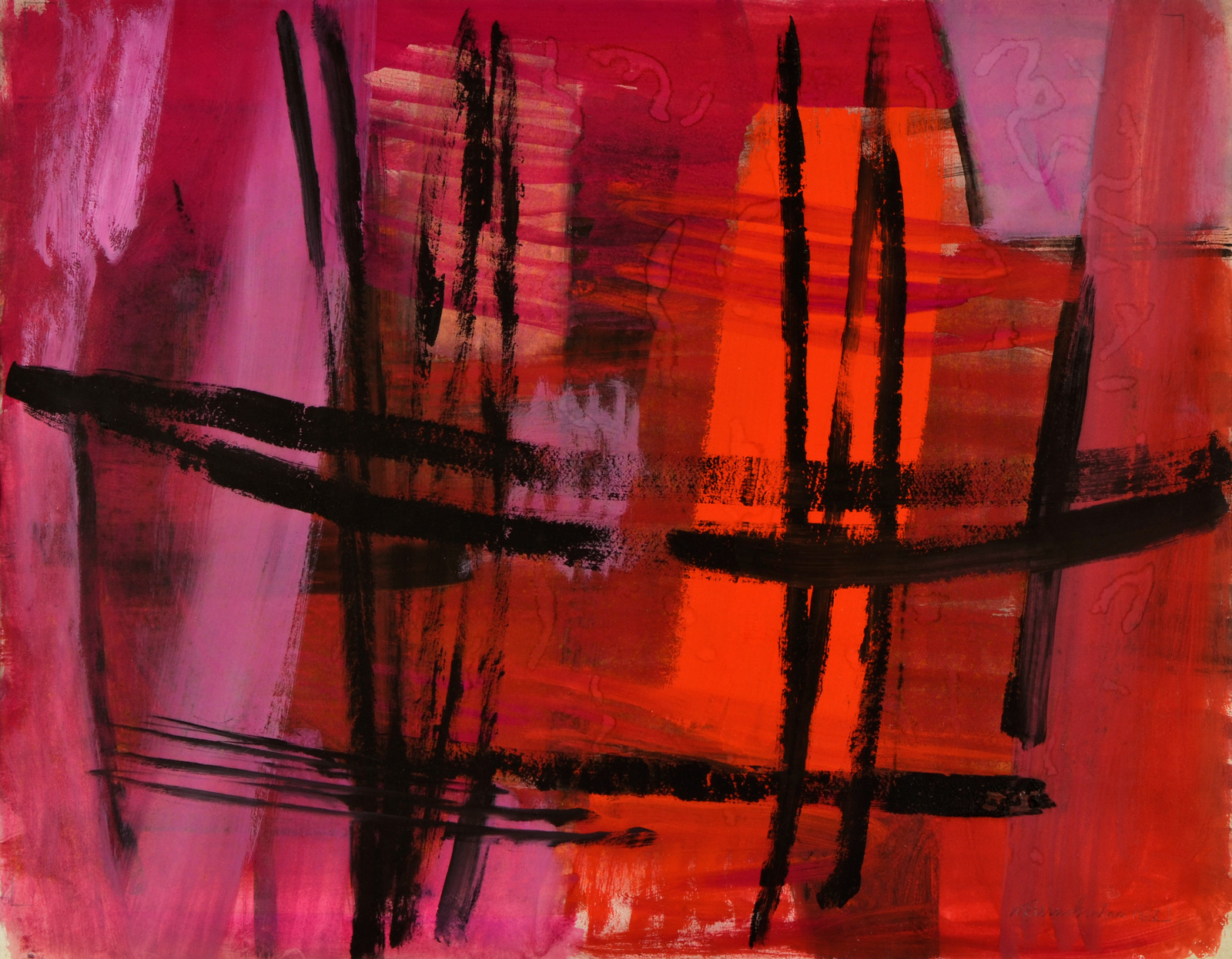 A gouache painting with red and pink background and a loose grid of black brushstrokes