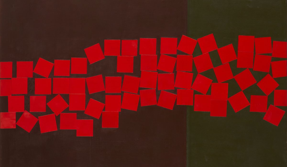 A painting with brown and olive green background with a horizontal band of small red randomly scattered squares across the centre