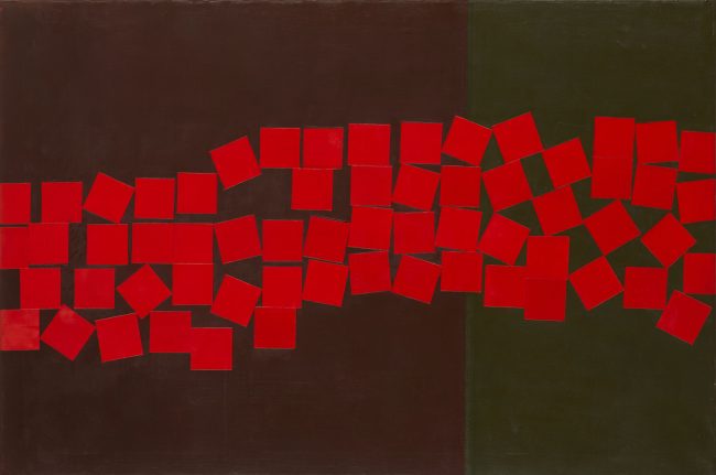 A painting with brown and olive green background with a horizontal band of small red randomly scattered squares across the centre