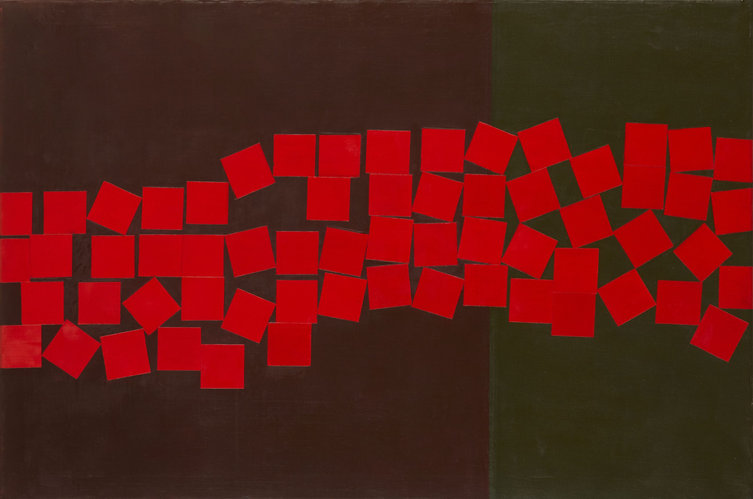 A painting with brown and olive green background with a horizontal band of small red randomly scattered squares across the centre