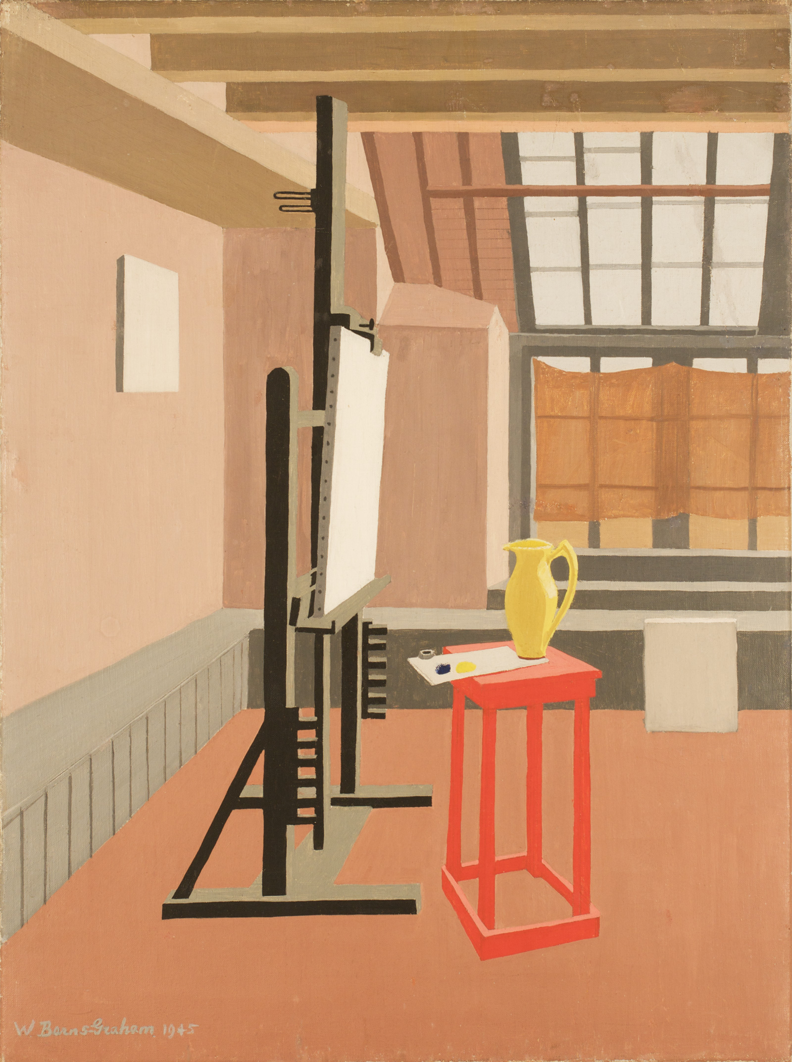 an oil painting of a studio interior in muted salmon shades with a blank canvas on a black easel and yellow jug on a red stool