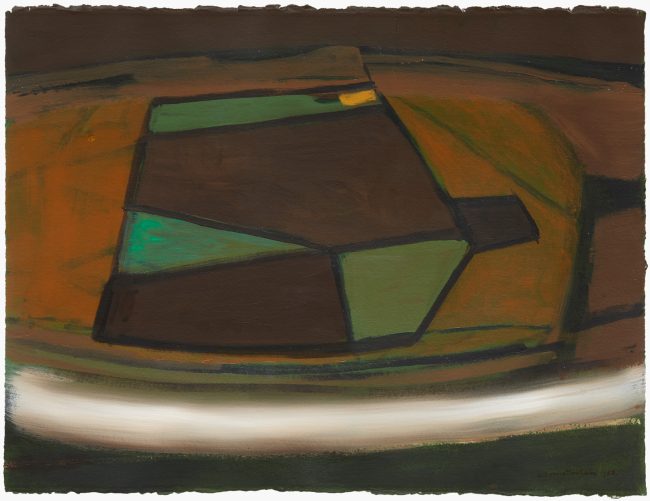 An abstract painting in browns and greens with diagonal black lines reminiscent of fields and boundaries. A white horizontal brushstroke cross the bottom of the painting