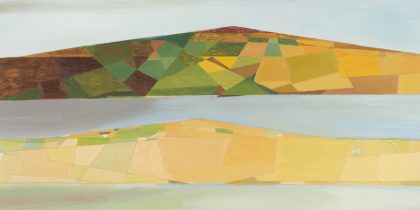 An oil painting with bands of sky, land, sea, land and sea. The sky and sea are in similar greeny-greys. The land is divided into smaller geometric shapes in browns, greens and yellows.