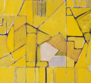 An yellow oil painting divided into geometric sections with black lines and some sections in pale pink